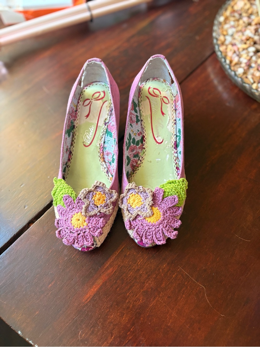 Poetic License Pink Floral Crochet Wedge Flats